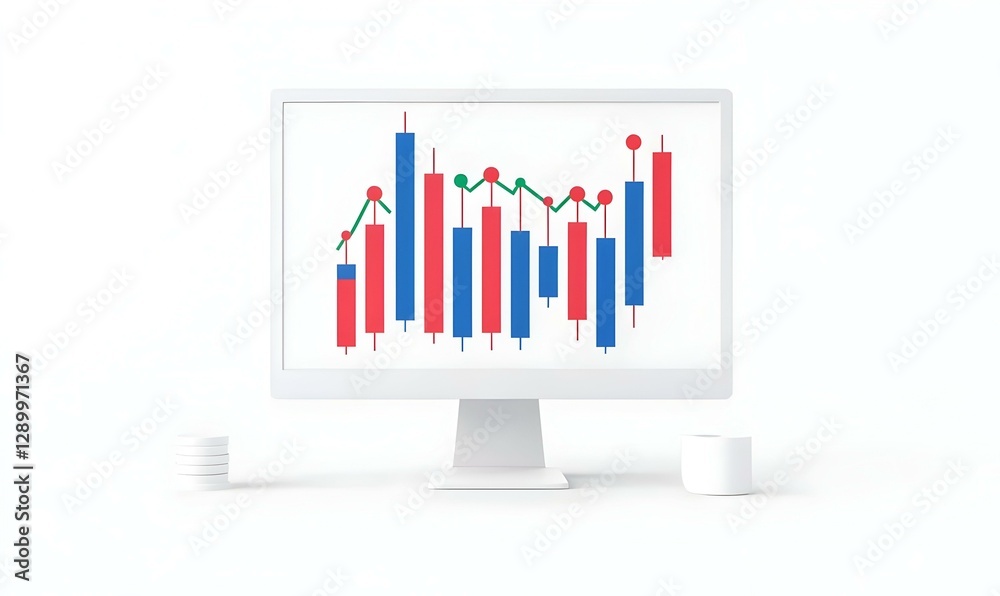 Red candlestick chart displayed on a computer monitor, illustrating stock market trends and investment analysis in a modern workspace. Red candlestick chart displayed on a computer monitor, illustrating stock market trends and investment analysis in a modern workspace.