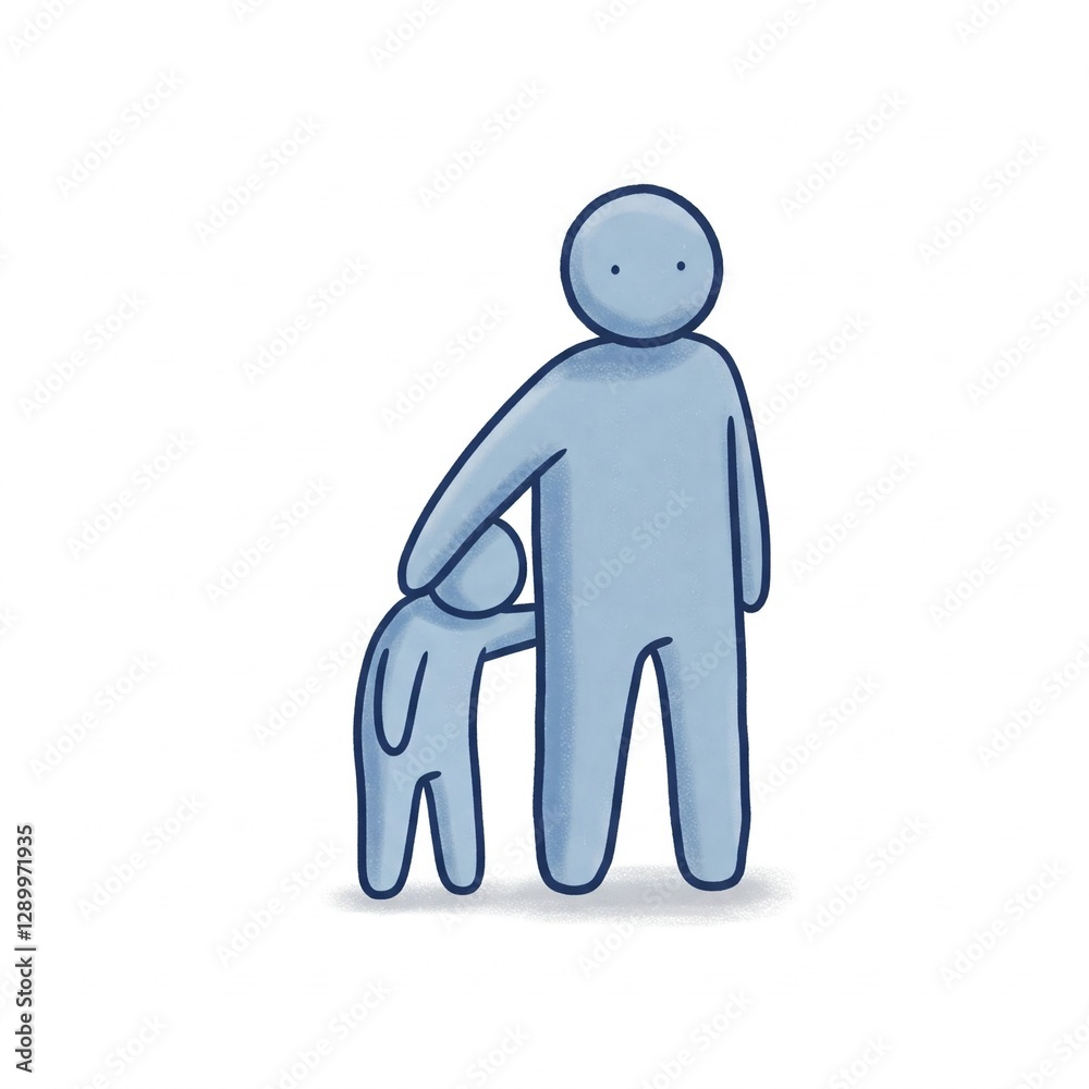 A humanoid figure protecting a child-like figure against a white background. A humanoid figure protecting a child-like figure against a white background.
