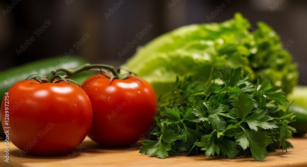 Fresh Vegetables on Cutting Board Still Life Salad Ingredients Fresh Vegetables on Cutting Board Still Life Salad Ingredients