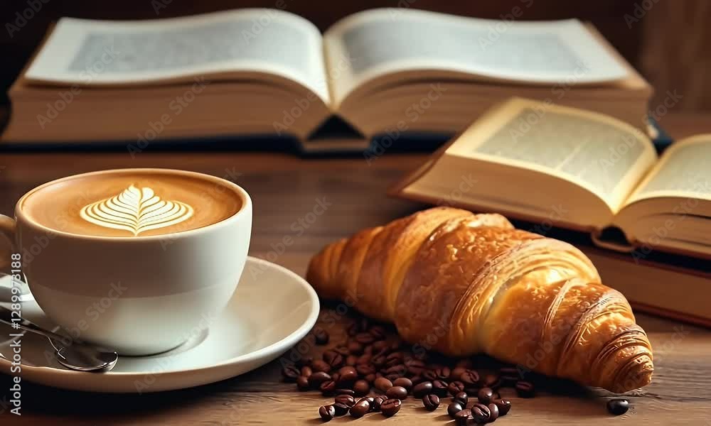 Coffee, croissant, books, cafe, morning, relaxation, study, literature