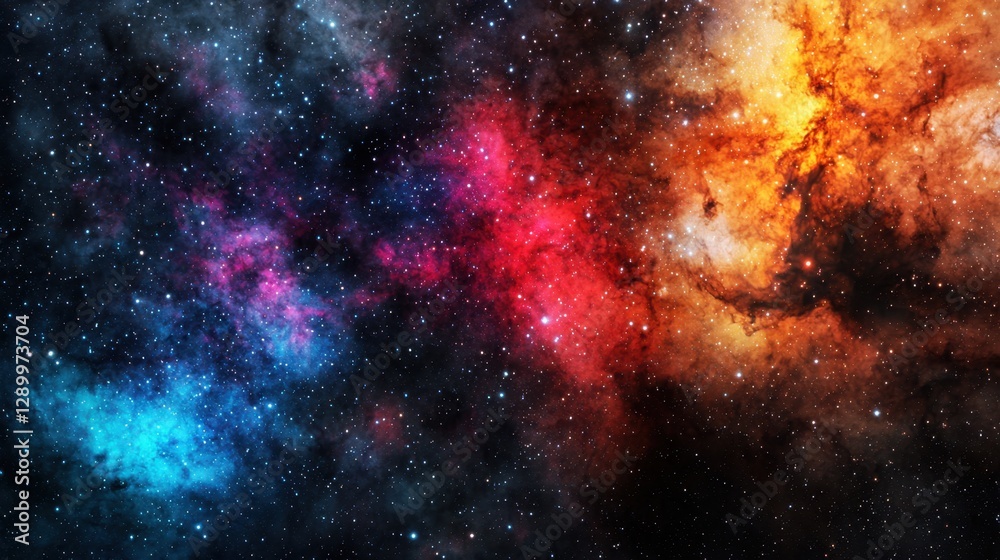 Naklejka premium A vibrant cosmic scene filled with colorful nebulae, stars, and interstellar clouds, showcasing the beauty of the universe in deep space.
