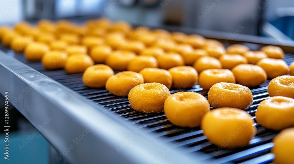 Captivating Image of Golden Dough Balls on a Conveyor Belt in a Modern Food Production Facility, Showcasing Automated Manufacturing Processes and Precision Engineering The Warm Tone Lighting and Captivating Image of Golden Dough Balls on a Conveyor Belt in a Modern Food Production Facility, Showcasing Automated Manufacturing Processes and Precision Engineering The Warm Tone Lighting and