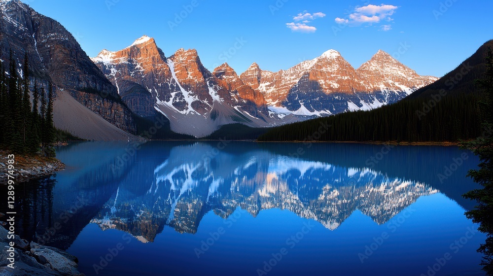 Obraz premium A serene mountain landscape with a clear blue lake reflecting majestic peaks and a bright sky dotted with clouds.