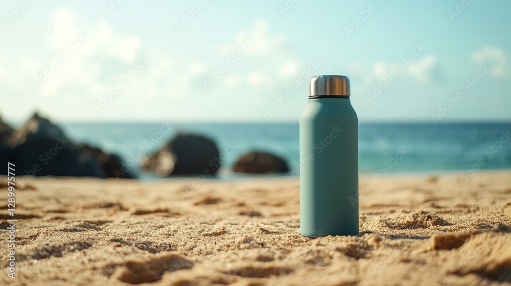 reusable water bottle on a sandy beach with an ocean backdrop