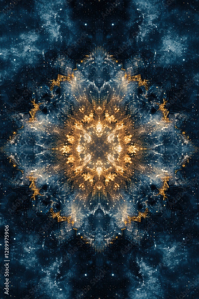 Fototapeta premium Abstract Cosmic Mandala Golden Light Explosion in a Dark Blue Universe Background.