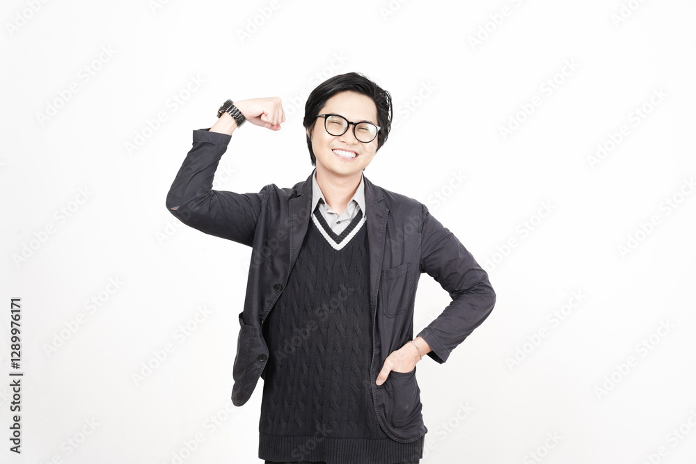 Confident Gesture Flexing Biceps Muscles Of Handsome Asian Man Isolated On White Background