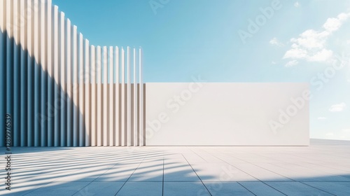 Minimalist Architecture White Concrete Wall, Pillars, and Tile Floor Against a Clear Blue Sky