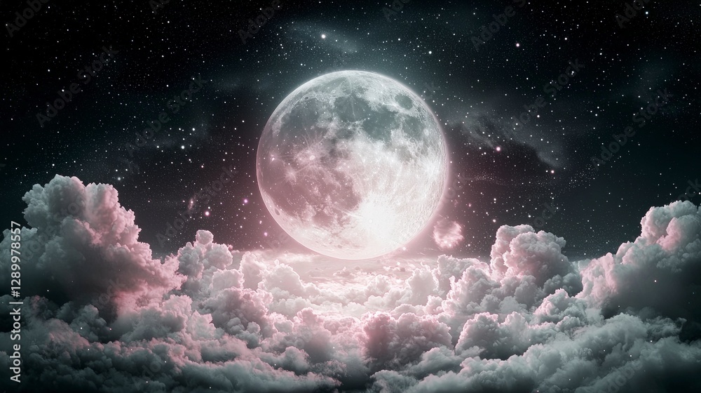 Fototapeta premium Full Moon Night Sky Dreamy Cloudscape Celestial Background Starry Night Pink Hues