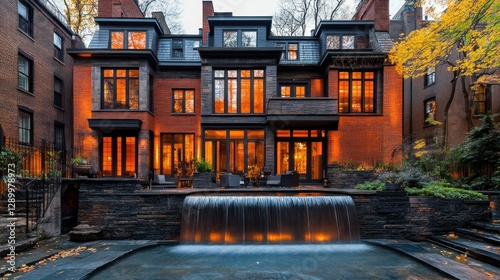 Luxurious Townhouse Backyard with Waterfall at Dusk photo