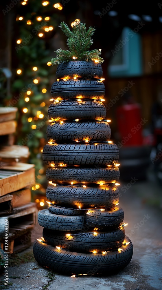 Obraz premium Tire Christmas tree lights outdoor night