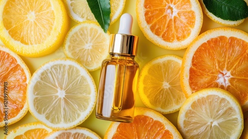 Citrus Essential Oil Bottle Surrounded by Lemon and Orange Slices