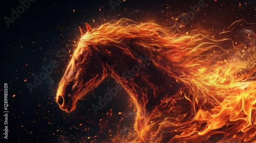 illustration of a running horse with fire element effects, fire horse on a dark background photo