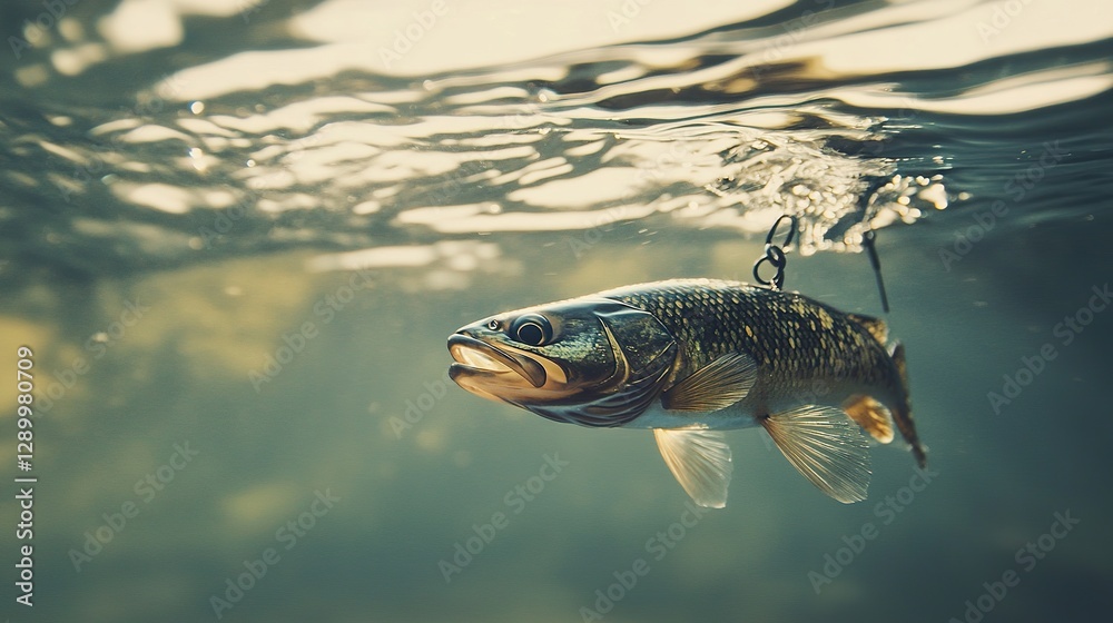 Obraz premium Fish underwater, hooked, sunlight, water ripples