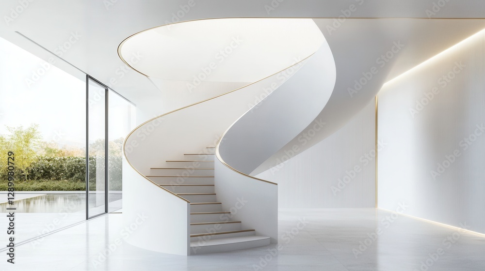 Obraz premium Minimalist Modern Interior with White Spiral Staircase, Golden Accents, and Natural Light.