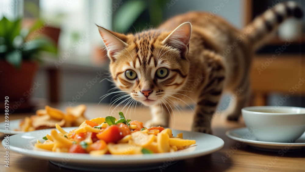 Fototapeta premium Pet mischief concept ,curious domestic cat jumping onto wooden dining table, sniffing freshly prepared meal with innocent wide eyes and perked whiskers,natural sunlight illuminating fluffy fur.