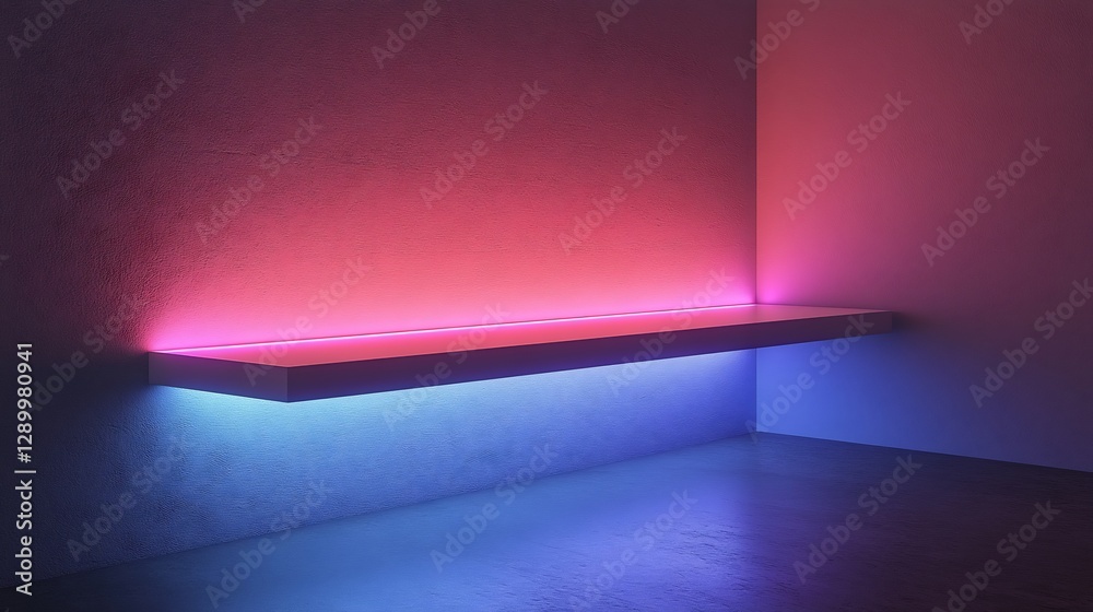 Obraz premium Pink blue neon lights illuminate sleek modern shelf. AI Generated
