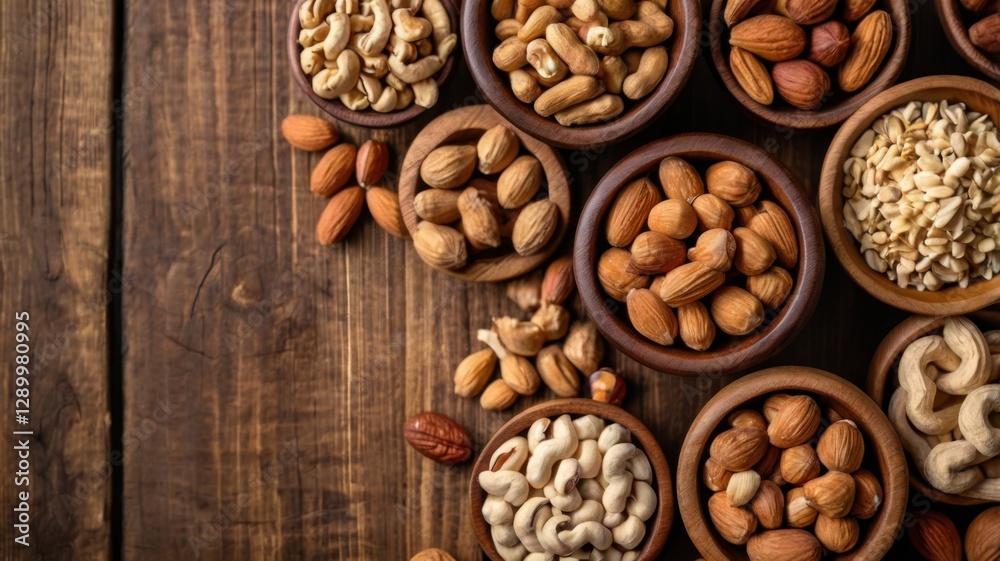 Assorted Nuts in Wooden Bowls on Dark Brown Tabletop Background Vegetarian Food in Natural Light Assorted Nuts in Wooden Bowls on Dark Brown Tabletop Background Vegetarian Food in Natural Light