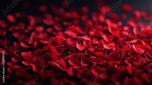 Close-up of vibrant red rose petals scattered on dark surface