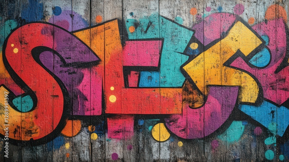 Fototapeta premium Colorful graffiti art on weathered wood.