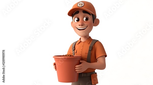 Gardening enthusiast holding plant pot studio 3d animation cheerful