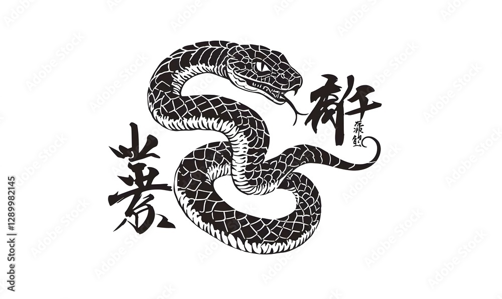 Obraz premium Zodiac Snake Calligraphy, intricate brush strokes form the kanji for snake, embodying elegance and tradition in Japanese art.