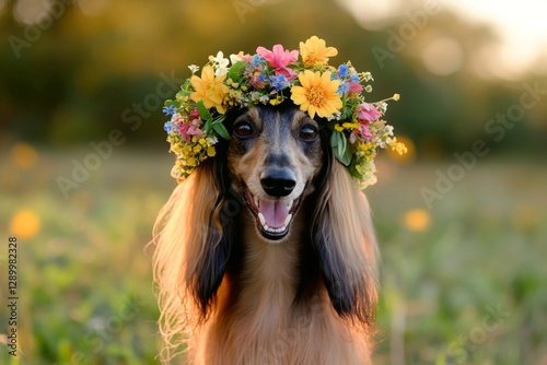 Sunny days happiness. Golden hour in sunset. Cute baby dog afghan hound wearing primal flower crown on its head. Young puppy with natural elegance. Playful puppy celebrating holidays. photo