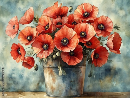 Vibrant red poppies bloom softly in rustic metal bucket soft light. AI Generated
