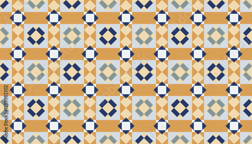A classic symphony of tiles composed of a combination of geometric shapes in shades of blue, cream and brown, creating a classic and elegant effect