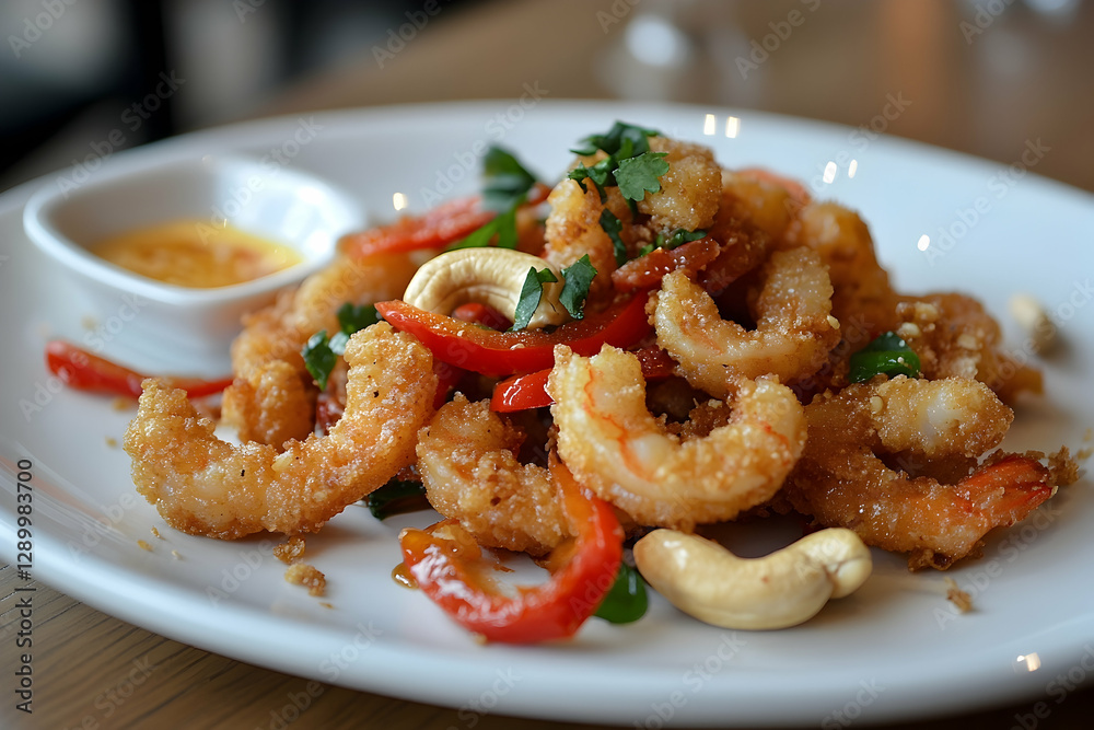 Delicious Fried Shrimp Dish Garnished with Cashews and Red Bell Peppers Delicious Fried Shrimp Dish Garnished with Cashews and Red Bell Peppers