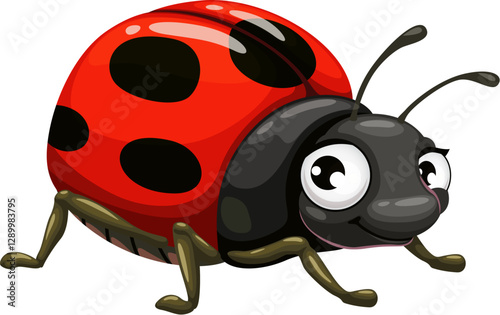 Cartoon funny ladybug insect character. Isolated vector cute and vibrant ladybird bug personage with a cheerful expression, shiny red shell featuring black spots, expressive eyes, and playful antennae