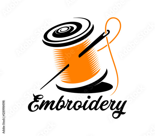 Tailor shop and embroidery icon of needle and thread for atelier, vector emblem. Tailor shop or seamstress sewing salon icon of thread spool with needle for embroidery and needlework studio sign