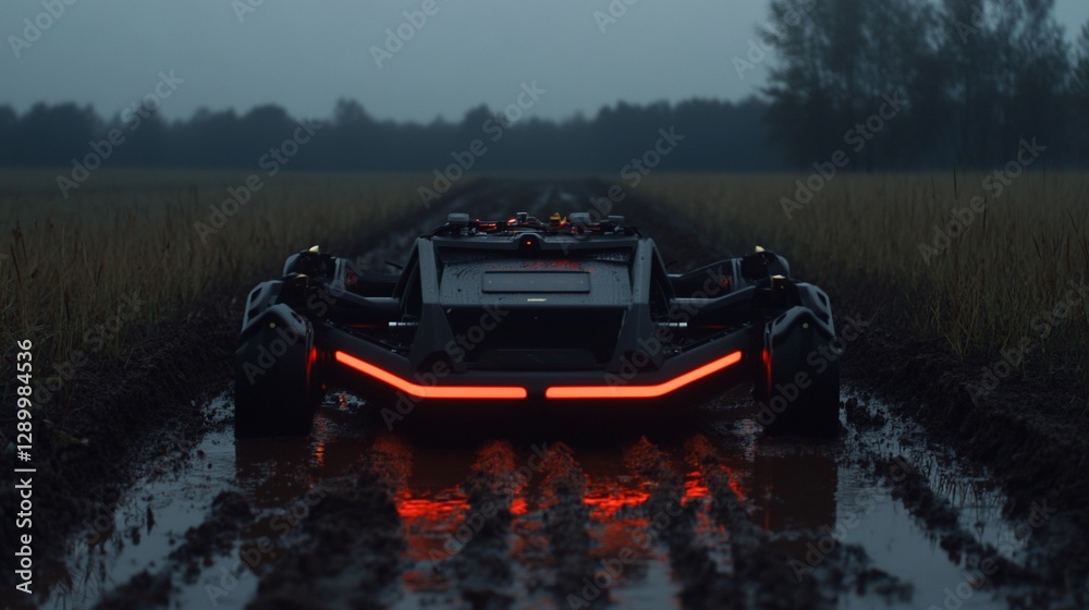 Fototapeta premium Futuristic off-road vehicle driving through muddy field at dusk.