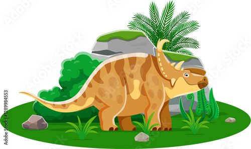 Pachyrhinosaurins prehistoric dinosaur character. Isolated cartoon vector horned, brown herbivore dino amidst a prehistoric setting with plants and rocks. Ancient reptile animal of Late cretaceous era