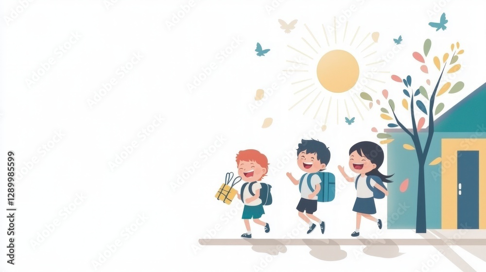 Happy Kids Walking to School Sunny Day Cartoon Illustration Happy Kids Walking to School Sunny Day Cartoon Illustration