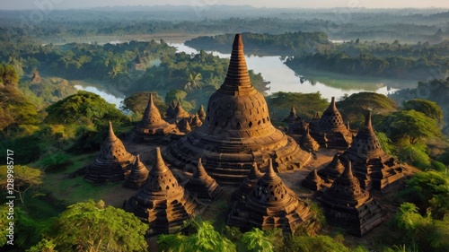 Ancient Temples and Pagodas of Mrauk U in Rakhine State Myanmar With Lush Green Landscape and Early Morning Light