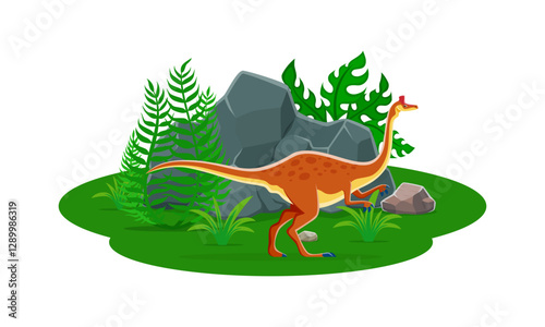 Pelicanimimus prehistoric dinosaur character. Isolated cartoon vector bipedal ornithomimosaur piscivore dino animal with orange spots standing at lush green landscape with rocks, grass and ferns