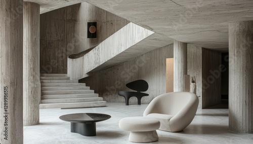 Neo Brutalism comes to life in a stark concrete interior, where sharp lines and shadows define the minimalist space, perfect for showcasing sleek modern displays