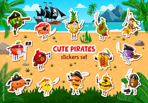 Cartoon pirate and corsair fruit characters stickers pack. Watermelon, orange, pineapple and pear, banana, apple fruit funny pirate sailors funny personages on treasure island shore vector stickers