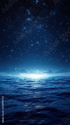 Tranquil Ocean Scene Under a Starry Night Sky with Calm Waves and Soft Ethereal Glow at Horizon