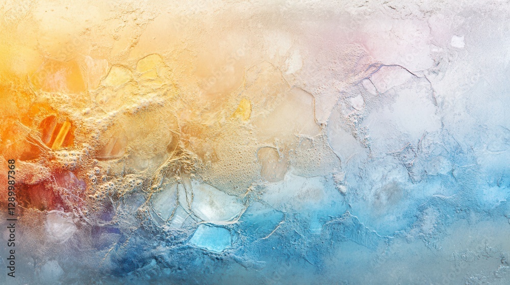 Naklejka premium Abstract Ice Texture with Golden Sunlight and Blue Shadows, Frozen Surface Detail.
