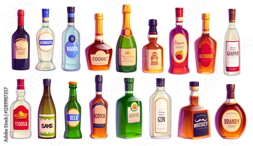 Cartoon alcohol bottles of liquor and wine drinks or bar beverages, vector icons. Champagne and whiskey or scotch and brandy with rum and tequila, absinthe and vodka with grappa alcohol drink bottles
