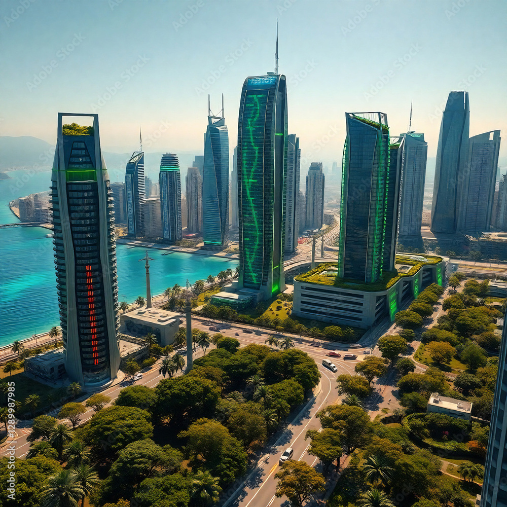 Obraz premium Futuristic Eco-Friendly City with Vertical Gardens, Carbon Capture Technology, and Plastic-Free Ocean