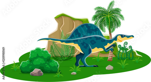 Cartoon oxalaia dinosaur character. Paleontology dinosaur isolated vector cute mascot, prehistoric lizard or Jurassic era reptile with crest funny character. Extinct animal personage in jungle forest