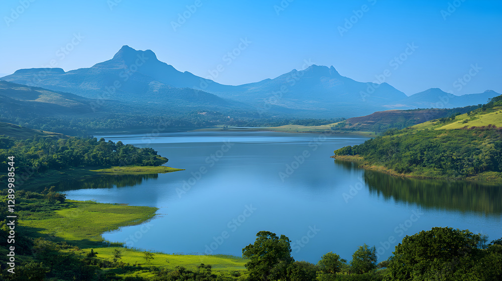 Naklejka premium Serenity of a Sprawling Reservoir Encircled by Lush Greenery and Majestic Mountains Amidst a Clear Sky