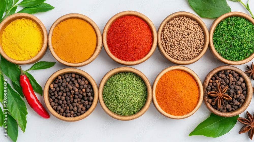 Explore a vibrant array of culinary delight with this captivating image showcasing an assortment of colorful spices in wooden bowls, perfect for adding flavor and zest to any dish, from classic Explore a vibrant array of culinary delight with this captivating image showcasing an assortment of colorful spices in wooden bowls, perfect for adding flavor and zest to any dish, from classic