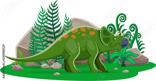 Avaceratops prehistoric dinosaur. Isolated cartoon vector herbivorous dino character with green spotted skin and horns, stands at Late Cretaceous landscape with rocks, bushes and lush ferns on field