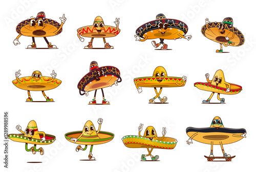 Funny groovy Mexican sombrero hat characters with happy smile, vector cartoon emoji. Groovy Mexican sombrero cartoon characters with funky silly face and Hi cool or hippie peace gesture for fiesta