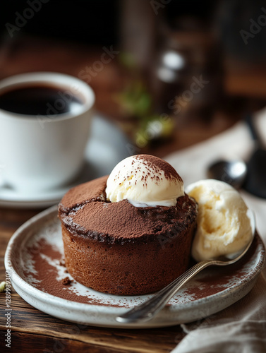 A rich chocolate soufflé with a scoop of melting vanilla ice cream 