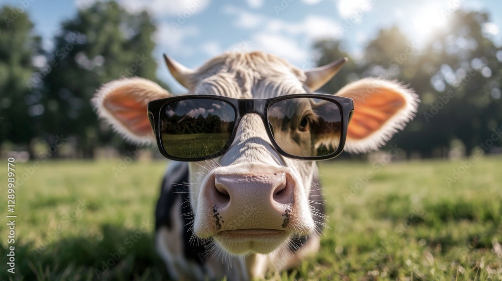 Obraz premium Cool Cow in Sunglasses Farm Animal Summer Meadow Happy
