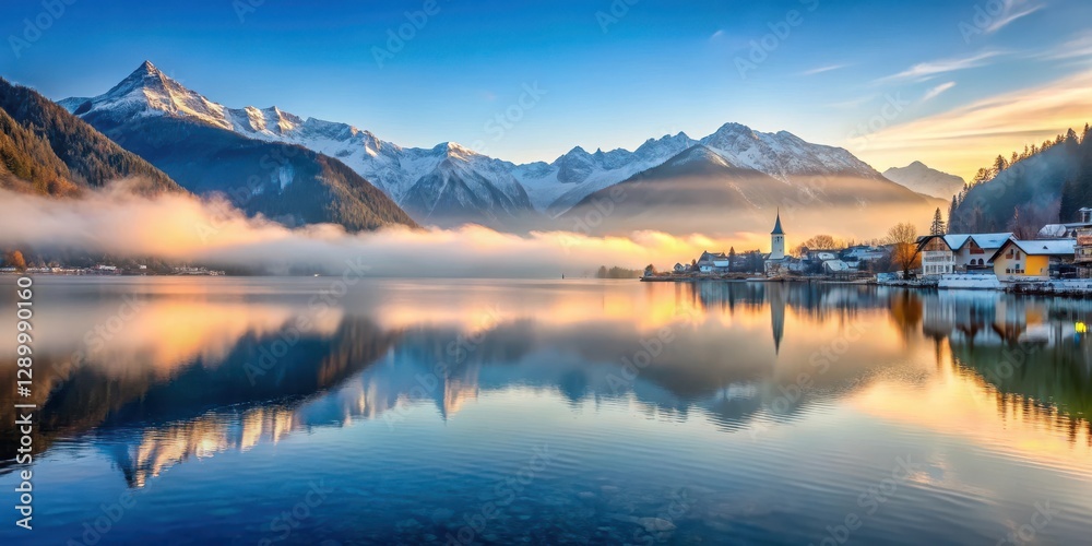 Fototapeta premium Serene lake Millstatt at dawn with misty atmosphere and snow-capped mountains in the background, Austria, lake, Austria